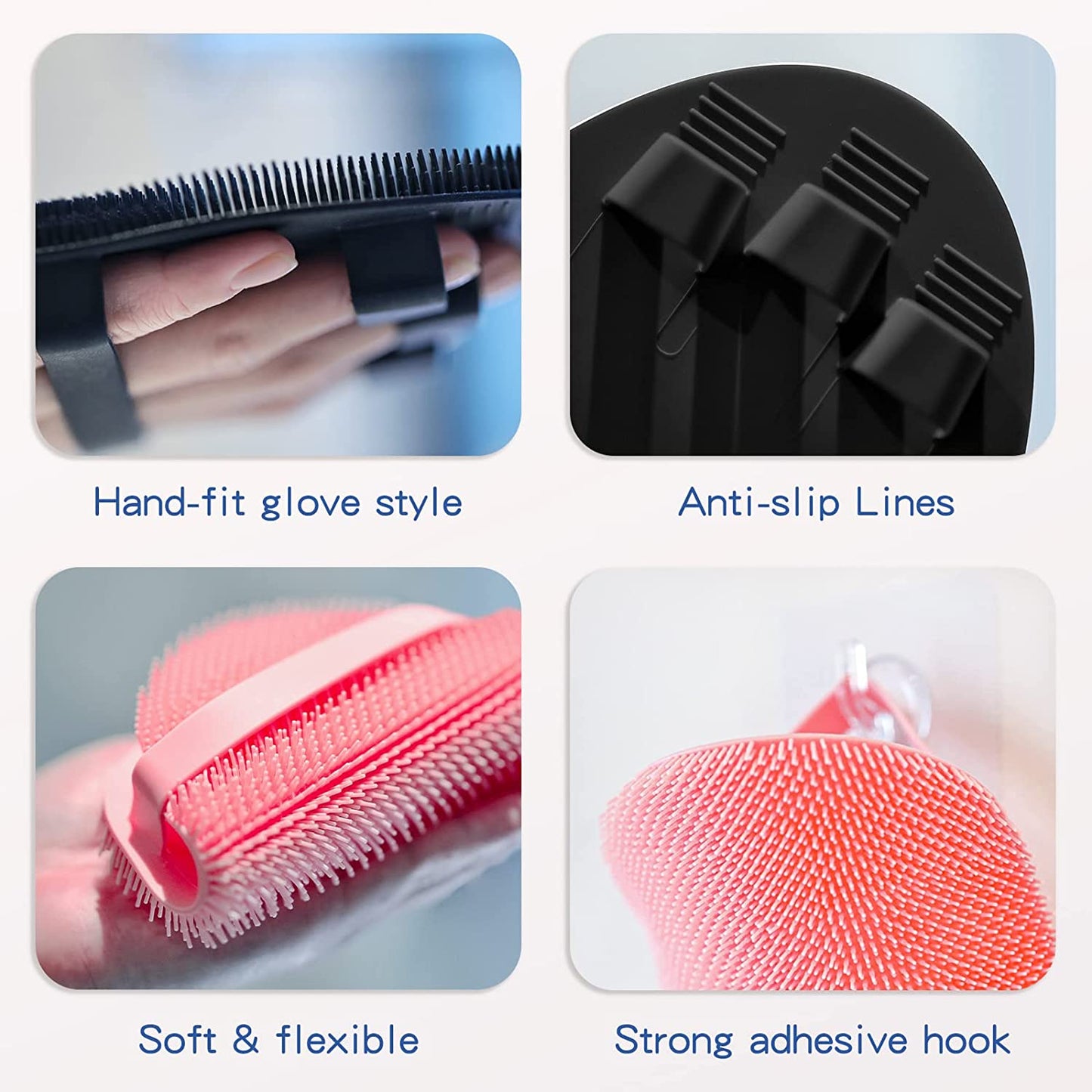 Silicone Back Scrubber and Soft Bath Glove Set - Exfoliating Body Scrubber and Lathering Shower Brush Combo with Complimentary Hook (Black)