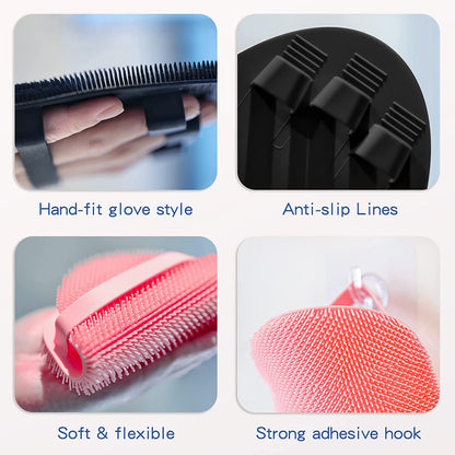 Silicone Back Scrubber and Soft Bath Glove Set - Exfoliating Body Scrubber and Lathering Shower Brush Combo with Complimentary Hook (Black)
