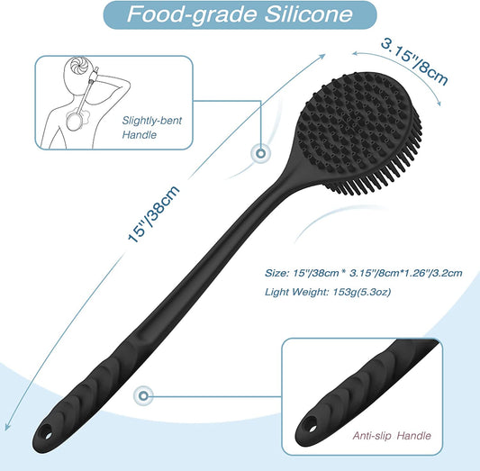 Silicone Back Scrubber and Soft Bath Glove Set - Exfoliating Body Scrubber and Lathering Shower Brush Combo with Complimentary Hook (Black)