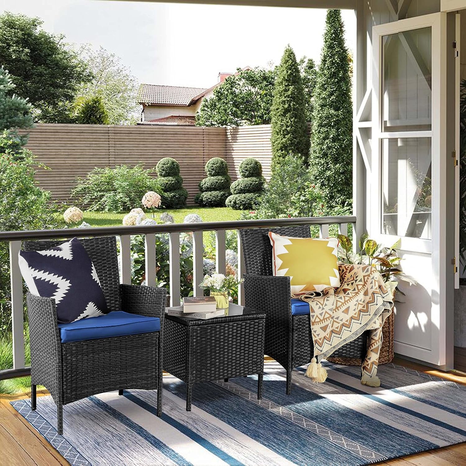 3 Piece Patio Furniture Set, Outdoor PE Rattan Wicker Chairs with Soft Cushion and Coffee Table, Conversation Set for Yard Backyard Lawn Porch Poolside Balcony, Black/Blue