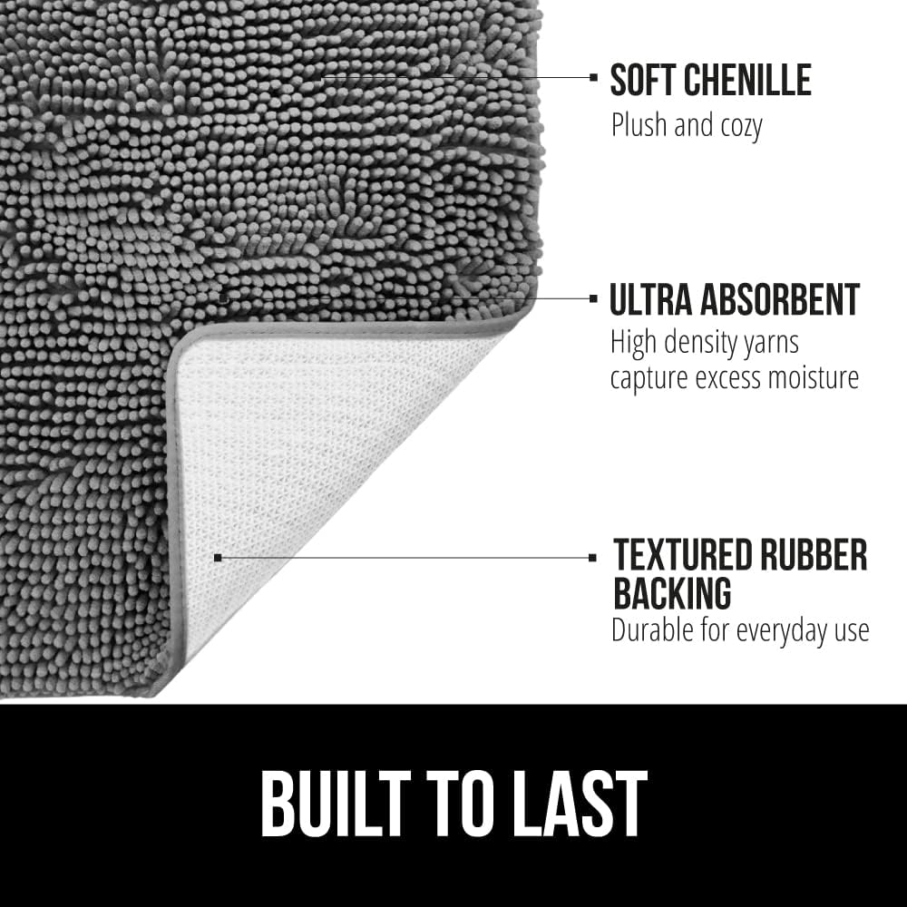 Bath Rug Mat, Thick Soft Absorbent Chenille, Quick Dry Microfiber Mats, Rubber Backing Washable Shower Floor Rugs, Bathmat Runner, US Designed Bathroom Home Decor Accessories 24X17, Grey