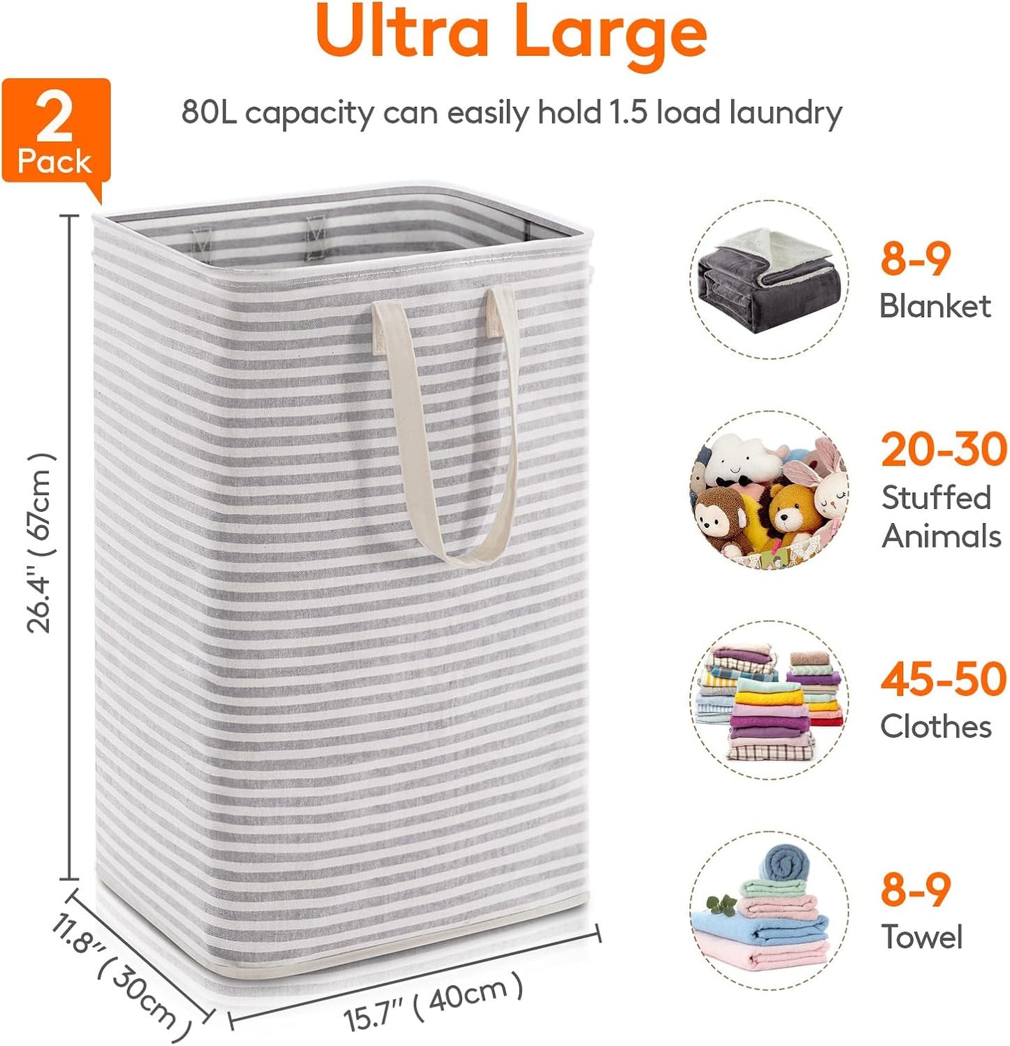 2 Pack Laundry Hamper Large Collapsible Laundry Baskets, Freestanding Waterproof Clothes Hamper with Easy Carry Handles in Laundry Room Bedroom Bathroom College Dorm for Adults, Grey, 2 X 80L