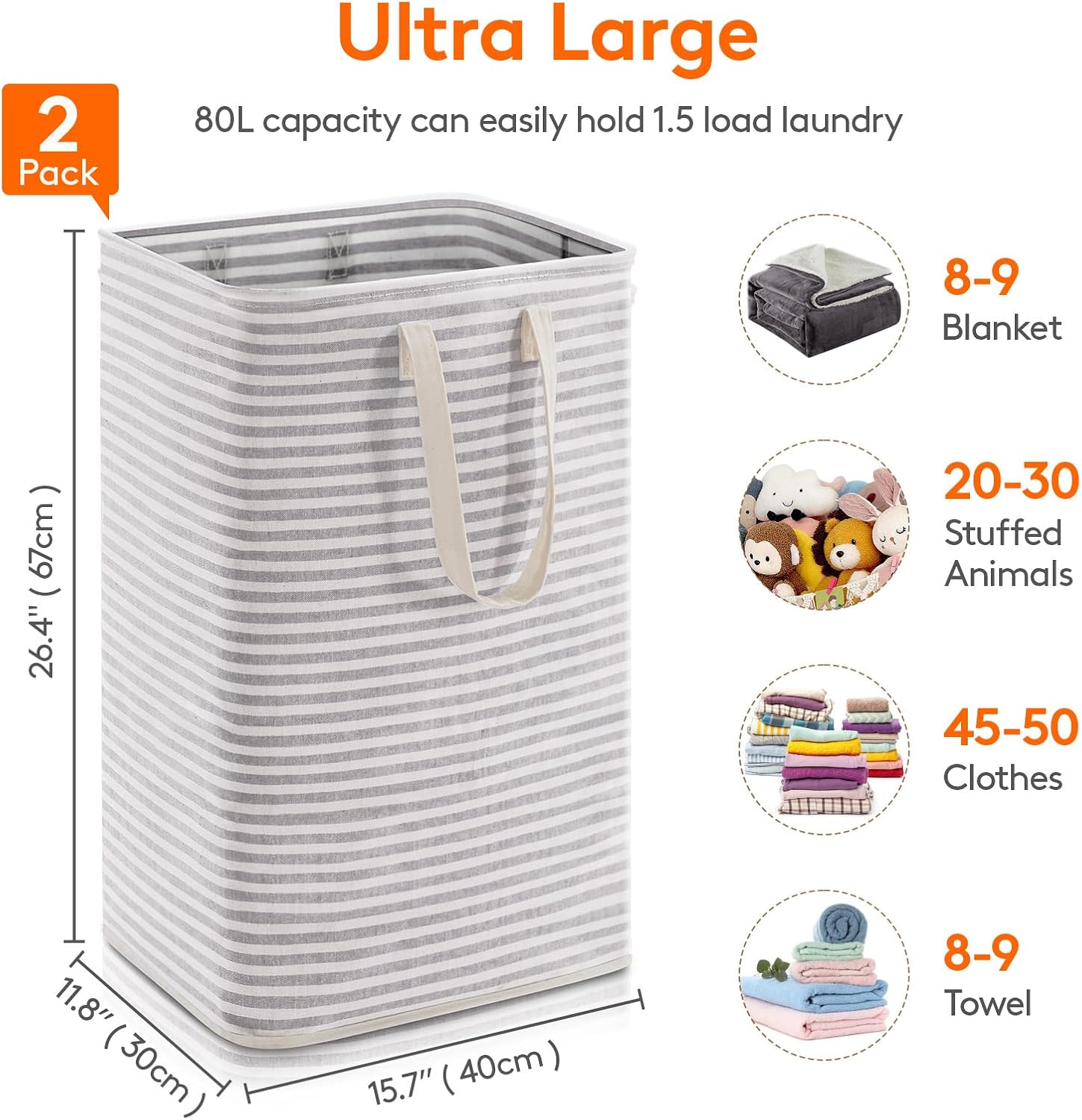 2 Pack Laundry Hamper Large Collapsible Laundry Baskets, Freestanding Waterproof Clothes Hamper with Easy Carry Handles in Laundry Room Bedroom Bathroom College Dorm for Adults, Grey, 2 X 80L