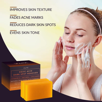 Kojic Acid Dark Spot Remover Soap Bars with Vitamin C, Retinol, Collagen, and Turmeric - Original Japanese Formula Enriched with Hyaluronic Acid, Vitamin E, Shea Butter, and Castile Olive Oil (2 Pack)
