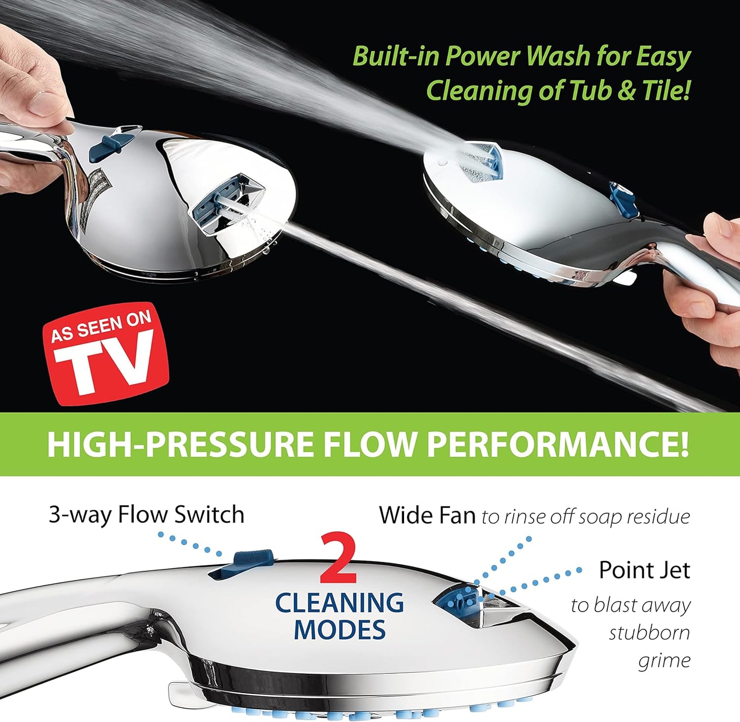 High-Pressure 8-Function Handheld Shower Head with Anti-Clog Nozzles and Integrated Power Wash for Tub, Tile, and Pet Cleaning - Includes 6-Foot Stainless Steel Hose and Wall/Overhead Brackets
