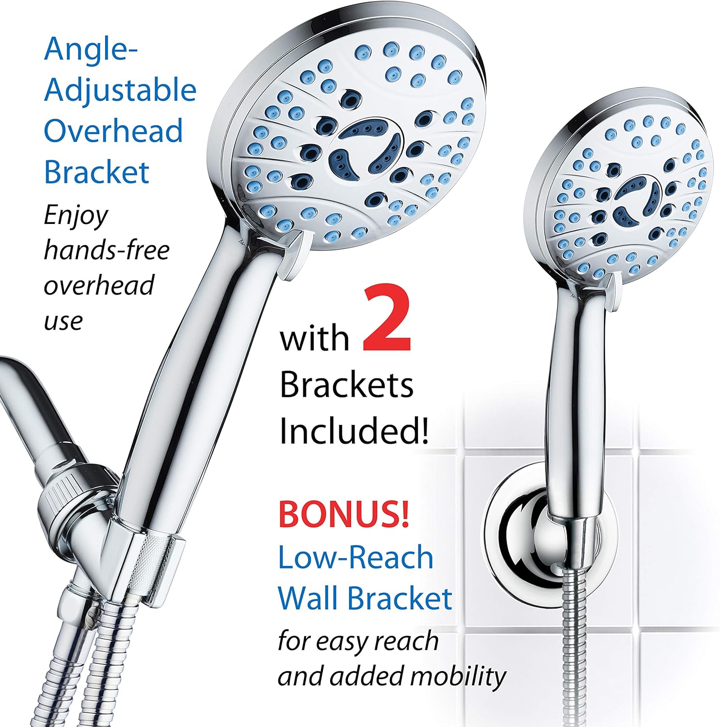 High-Pressure 8-Function Handheld Shower Head with Anti-Clog Nozzles and Integrated Power Wash for Tub, Tile, and Pet Cleaning - Includes 6-Foot Stainless Steel Hose and Wall/Overhead Brackets