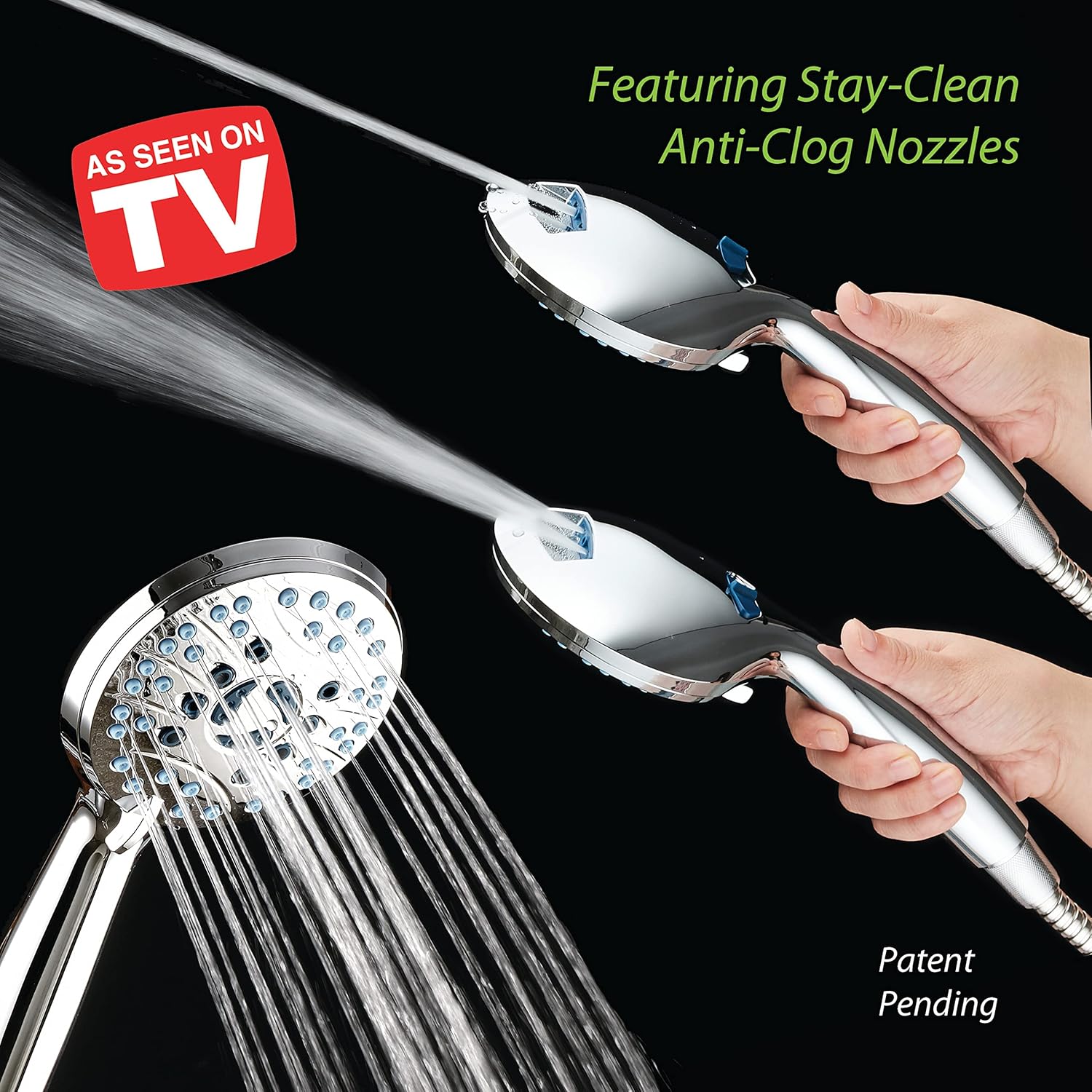 High-Pressure 8-Function Handheld Shower Head with Anti-Clog Nozzles and Integrated Power Wash for Tub, Tile, and Pet Cleaning - Includes 6-Foot Stainless Steel Hose and Wall/Overhead Brackets
