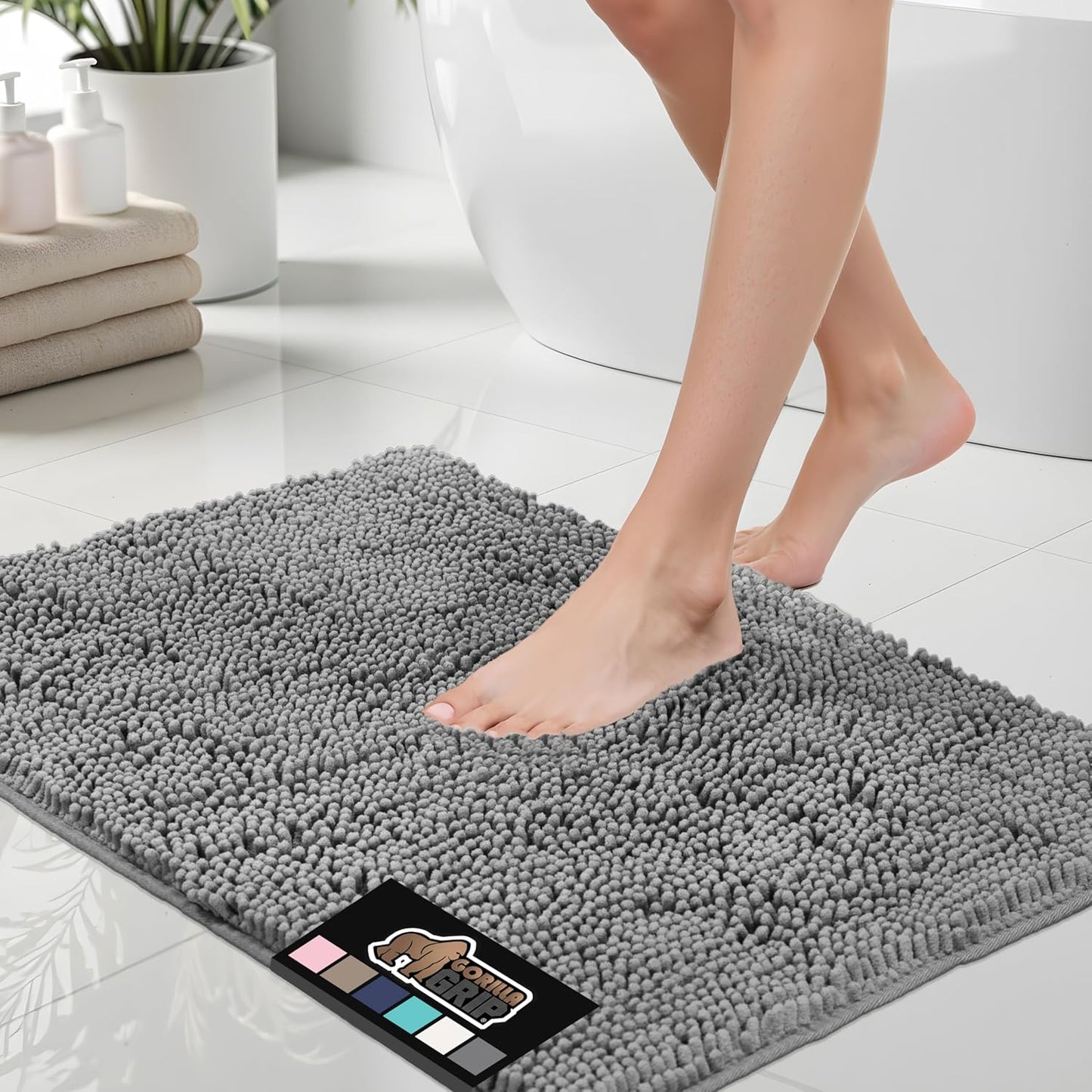 Bath Rug Mat, Thick Soft Absorbent Chenille, Quick Dry Microfiber Mats, Rubber Backing Washable Shower Floor Rugs, Bathmat Runner, US Designed Bathroom Home Decor Accessories 24X17, Grey