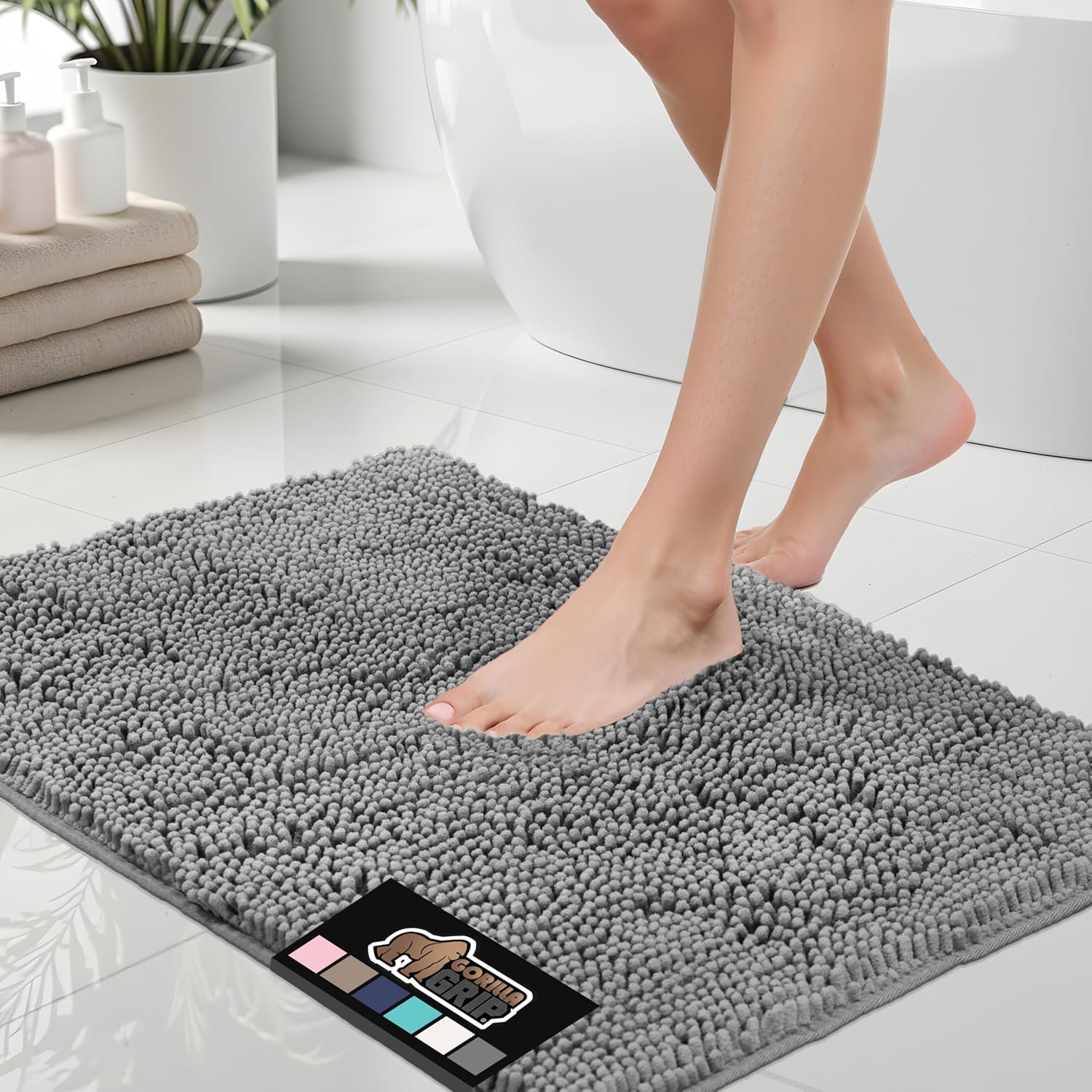 Bath Rug Mat, Thick Soft Absorbent Chenille, Quick Dry Microfiber Mats, Rubber Backing Washable Shower Floor Rugs, Bathmat Runner, US Designed Bathroom Home Decor Accessories 24X17, Grey