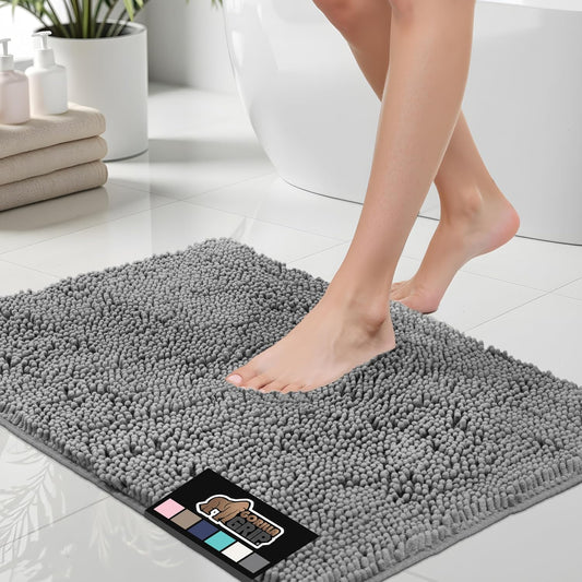Bath Rug Mat, Thick Soft Absorbent Chenille, Quick Dry Microfiber Mats, Rubber Backing Washable Shower Floor Rugs, Bathmat Runner, US Designed Bathroom Home Decor Accessories 24X17, Grey