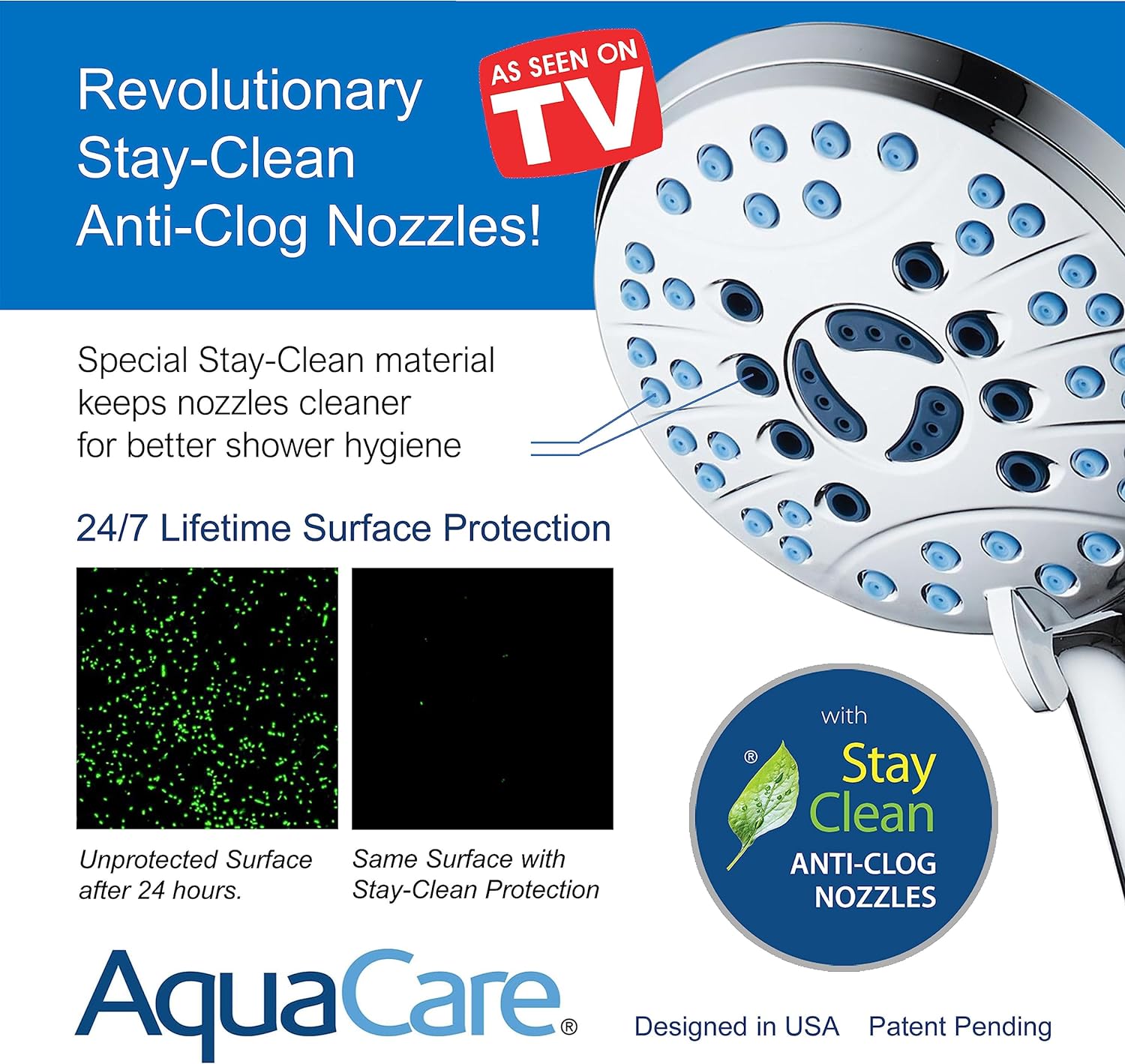 High-Pressure 8-Function Handheld Shower Head with Anti-Clog Nozzles and Integrated Power Wash for Tub, Tile, and Pet Cleaning - Includes 6-Foot Stainless Steel Hose and Wall/Overhead Brackets