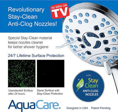 High-Pressure 8-Function Handheld Shower Head with Anti-Clog Nozzles and Integrated Power Wash for Tub, Tile, and Pet Cleaning - Includes 6-Foot Stainless Steel Hose and Wall/Overhead Brackets