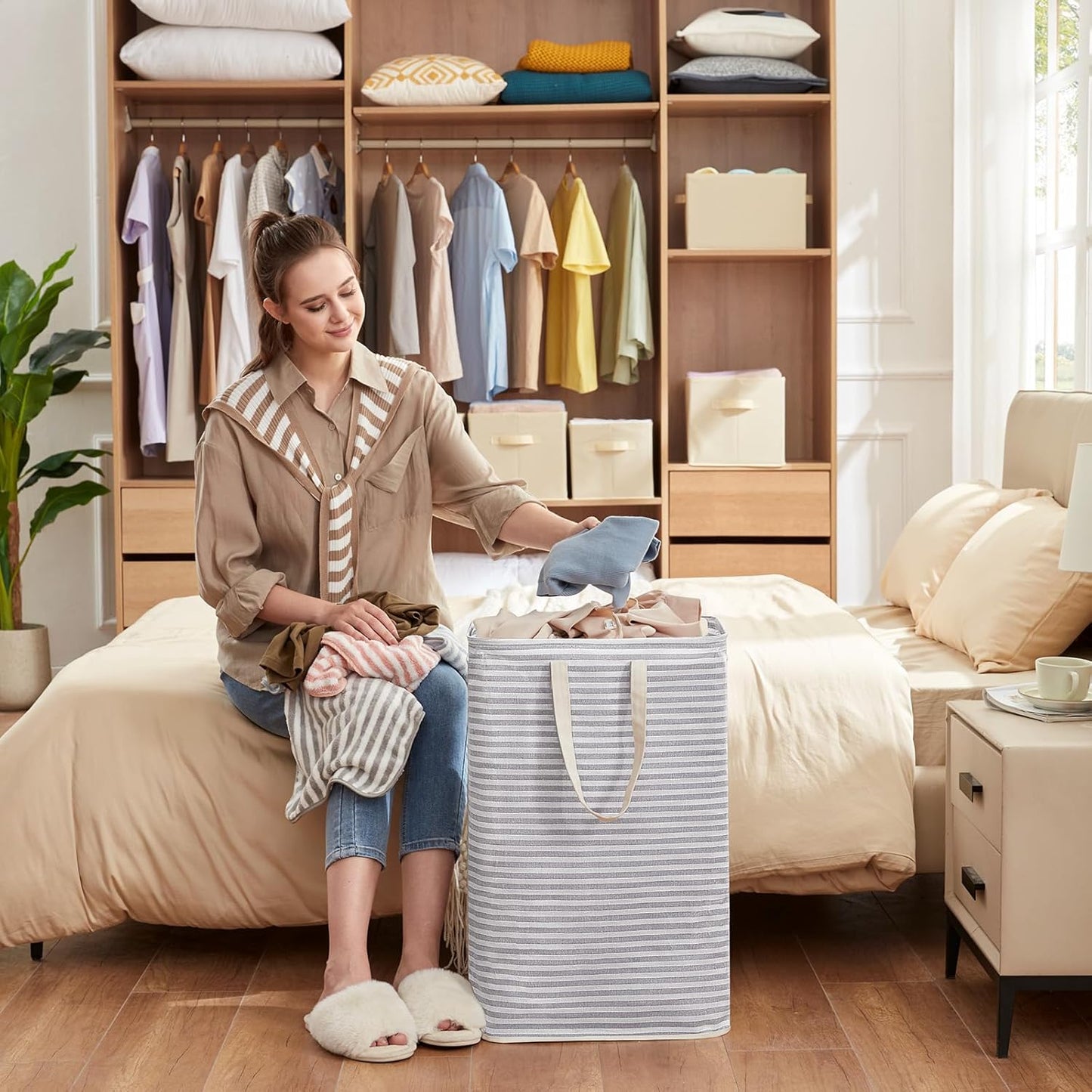 2 Pack Laundry Hamper Large Collapsible Laundry Baskets, Freestanding Waterproof Clothes Hamper with Easy Carry Handles in Laundry Room Bedroom Bathroom College Dorm for Adults, Grey, 2 X 80L
