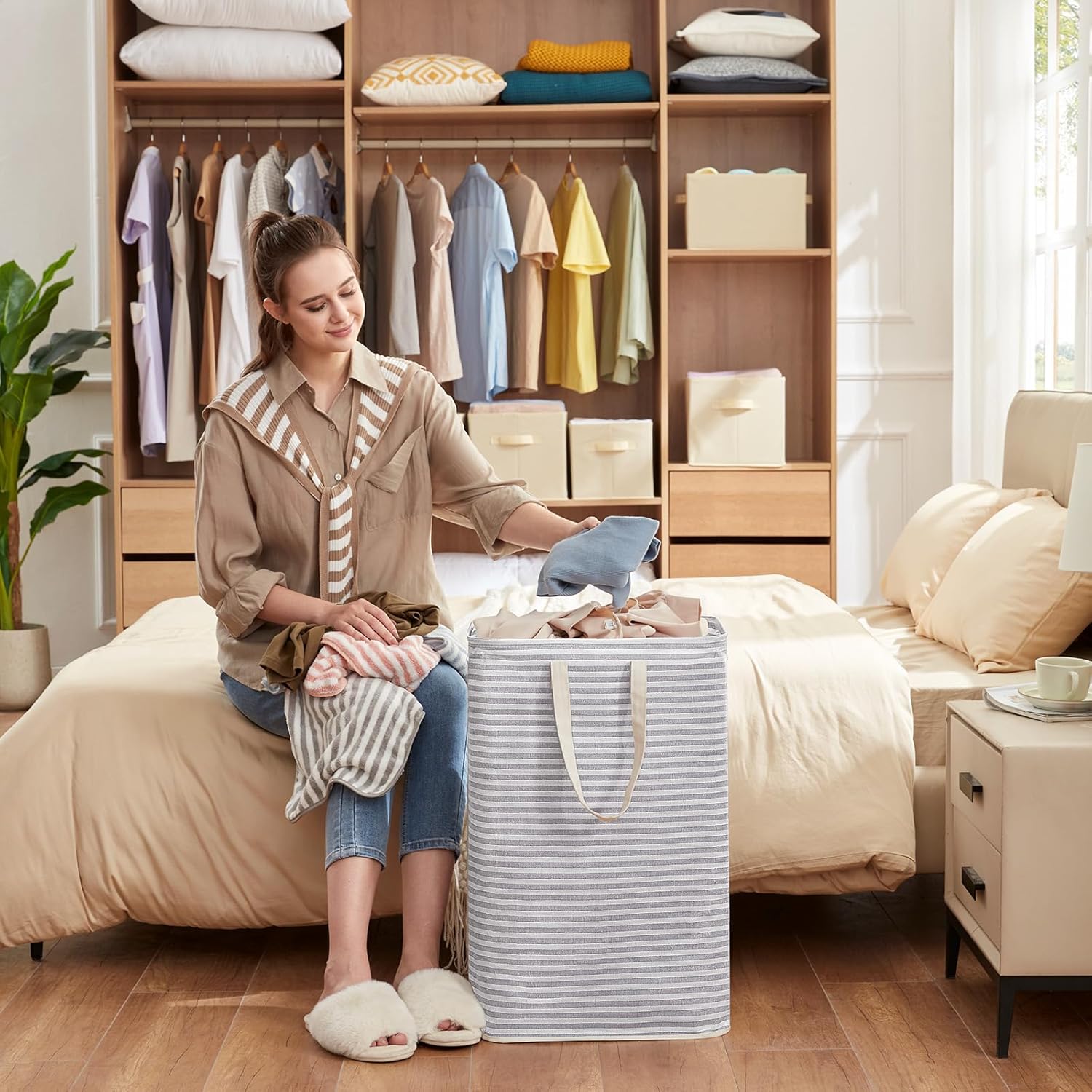 2 Pack Laundry Hamper Large Collapsible Laundry Baskets, Freestanding Waterproof Clothes Hamper with Easy Carry Handles in Laundry Room Bedroom Bathroom College Dorm for Adults, Grey, 2 X 80L