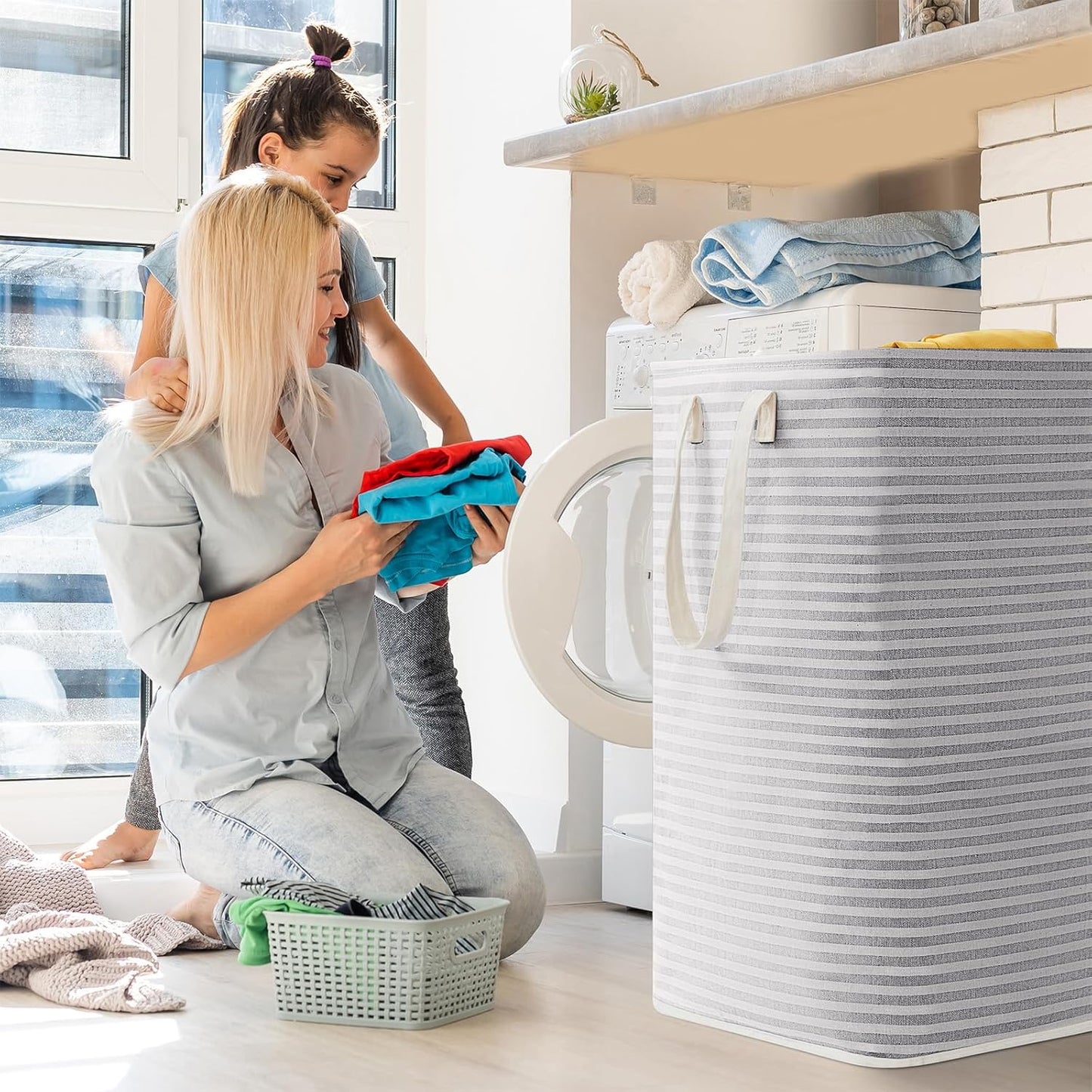 2 Pack Laundry Hamper Large Collapsible Laundry Baskets, Freestanding Waterproof Clothes Hamper with Easy Carry Handles in Laundry Room Bedroom Bathroom College Dorm for Adults, Grey, 2 X 80L