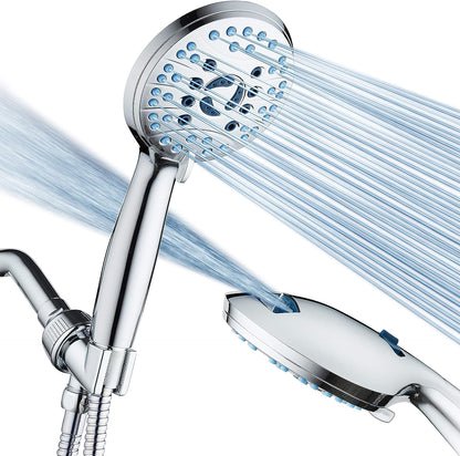 High-Pressure 8-Function Handheld Shower Head with Anti-Clog Nozzles and Integrated Power Wash for Tub, Tile, and Pet Cleaning - Includes 6-Foot Stainless Steel Hose and Wall/Overhead Brackets