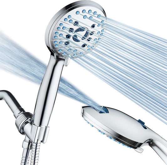 High-Pressure 8-Function Handheld Shower Head with Anti-Clog Nozzles and Integrated Power Wash for Tub, Tile, and Pet Cleaning - Includes 6-Foot Stainless Steel Hose and Wall/Overhead Brackets