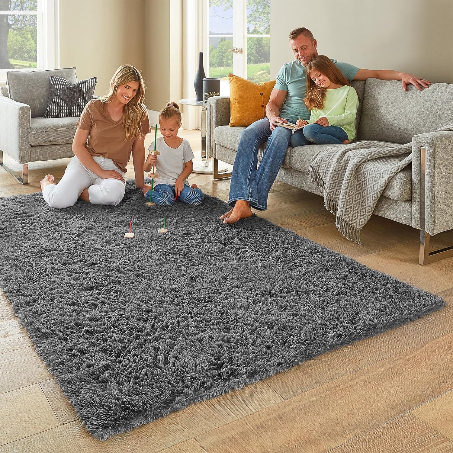 Area Rugs for Bedroom, Upgrade Non-Slip Grey Fluffy Soft Shag Carpet, Indoor Floor Gray 4X6 Fuzzy Shaggy Living Room Plush Rug for Kids Home Dorm Decor Aesthetic