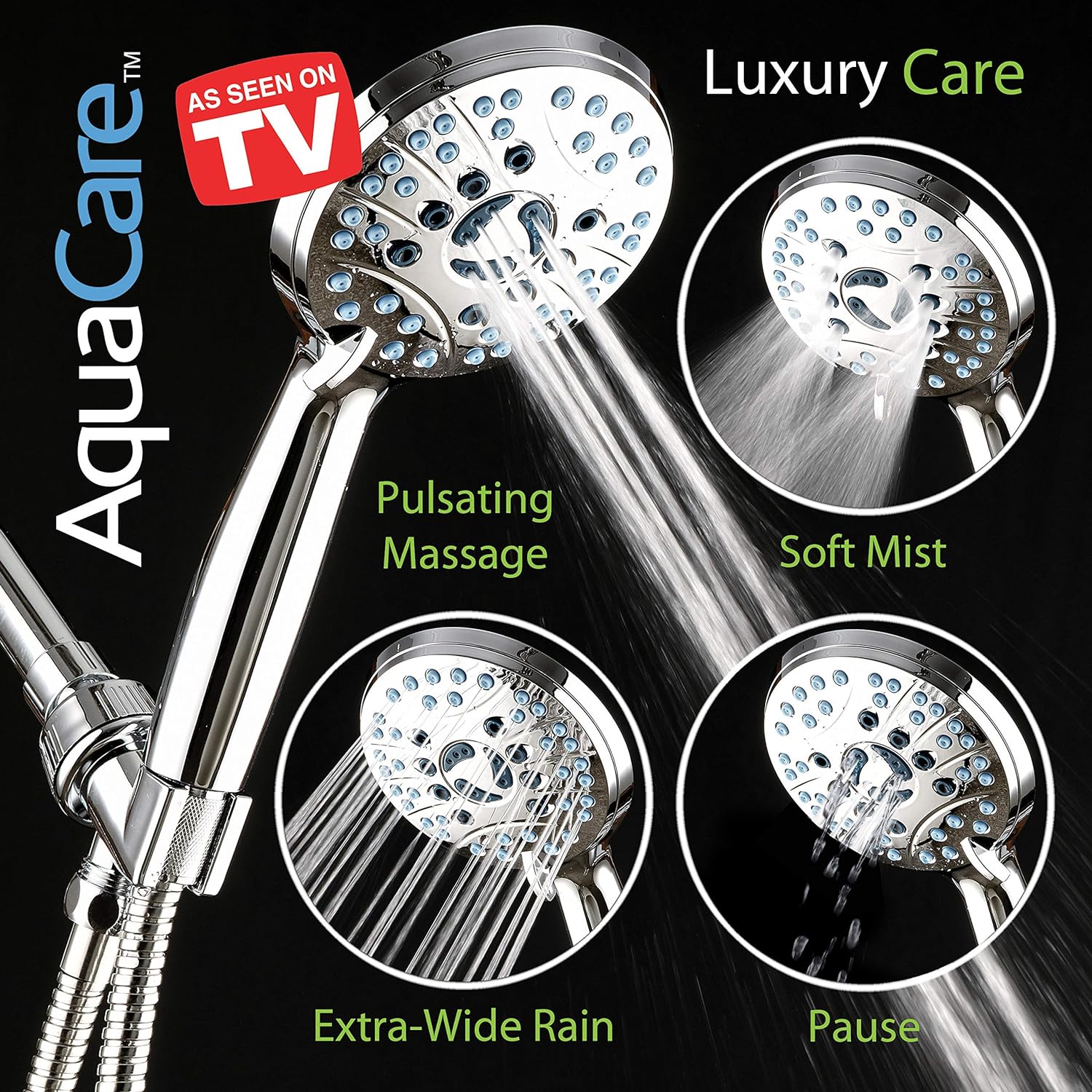 High-Pressure 8-Function Handheld Shower Head with Anti-Clog Nozzles and Integrated Power Wash for Tub, Tile, and Pet Cleaning - Includes 6-Foot Stainless Steel Hose and Wall/Overhead Brackets