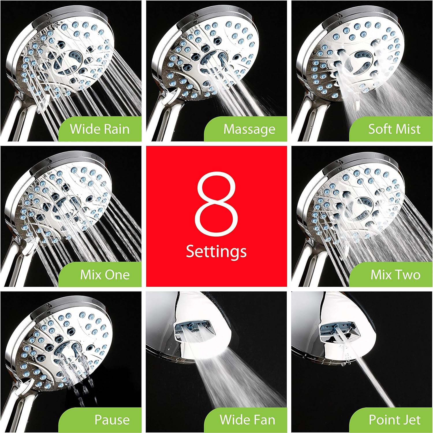 High-Pressure 8-Function Handheld Shower Head with Anti-Clog Nozzles and Integrated Power Wash for Tub, Tile, and Pet Cleaning - Includes 6-Foot Stainless Steel Hose and Wall/Overhead Brackets