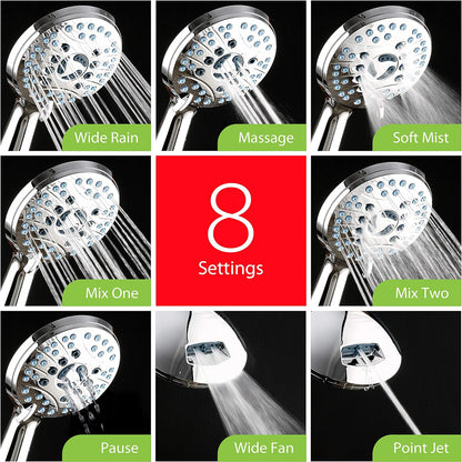 High-Pressure 8-Function Handheld Shower Head with Anti-Clog Nozzles and Integrated Power Wash for Tub, Tile, and Pet Cleaning - Includes 6-Foot Stainless Steel Hose and Wall/Overhead Brackets