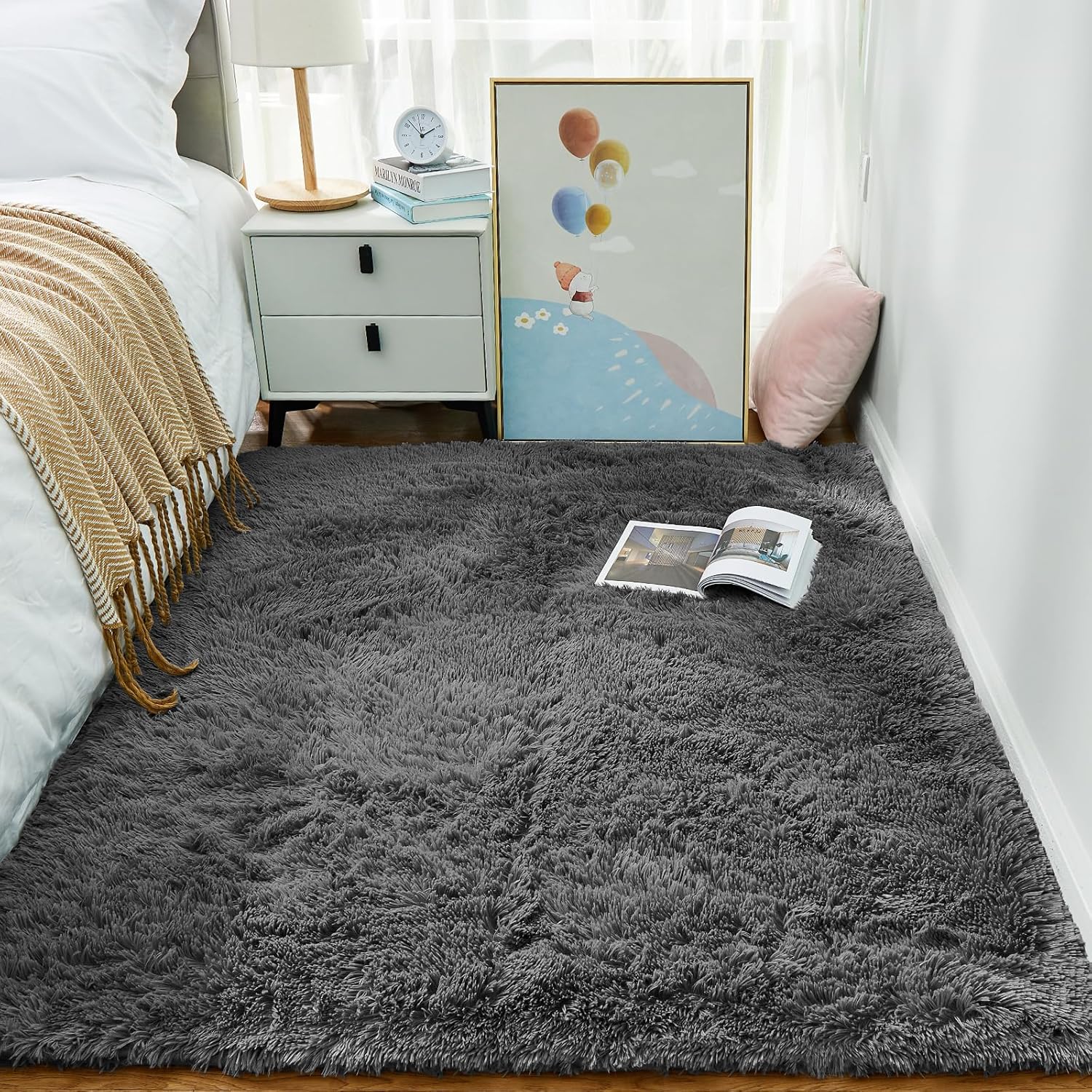 Area Rugs for Bedroom, Upgrade Non-Slip Grey Fluffy Soft Shag Carpet, Indoor Floor Gray 4X6 Fuzzy Shaggy Living Room Plush Rug for Kids Home Dorm Decor Aesthetic