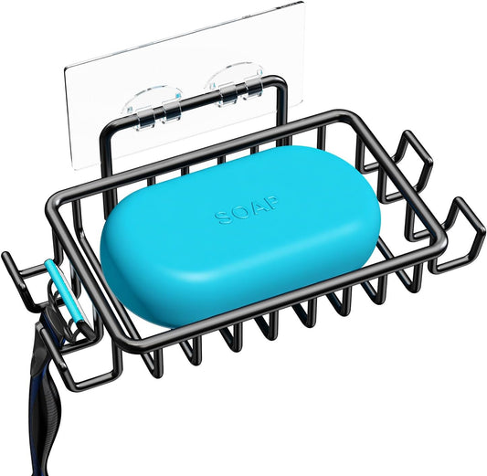 Stainless Steel Soap Dish Holder with 4 Hooks - Black Adhesive for Shower and Bathroom