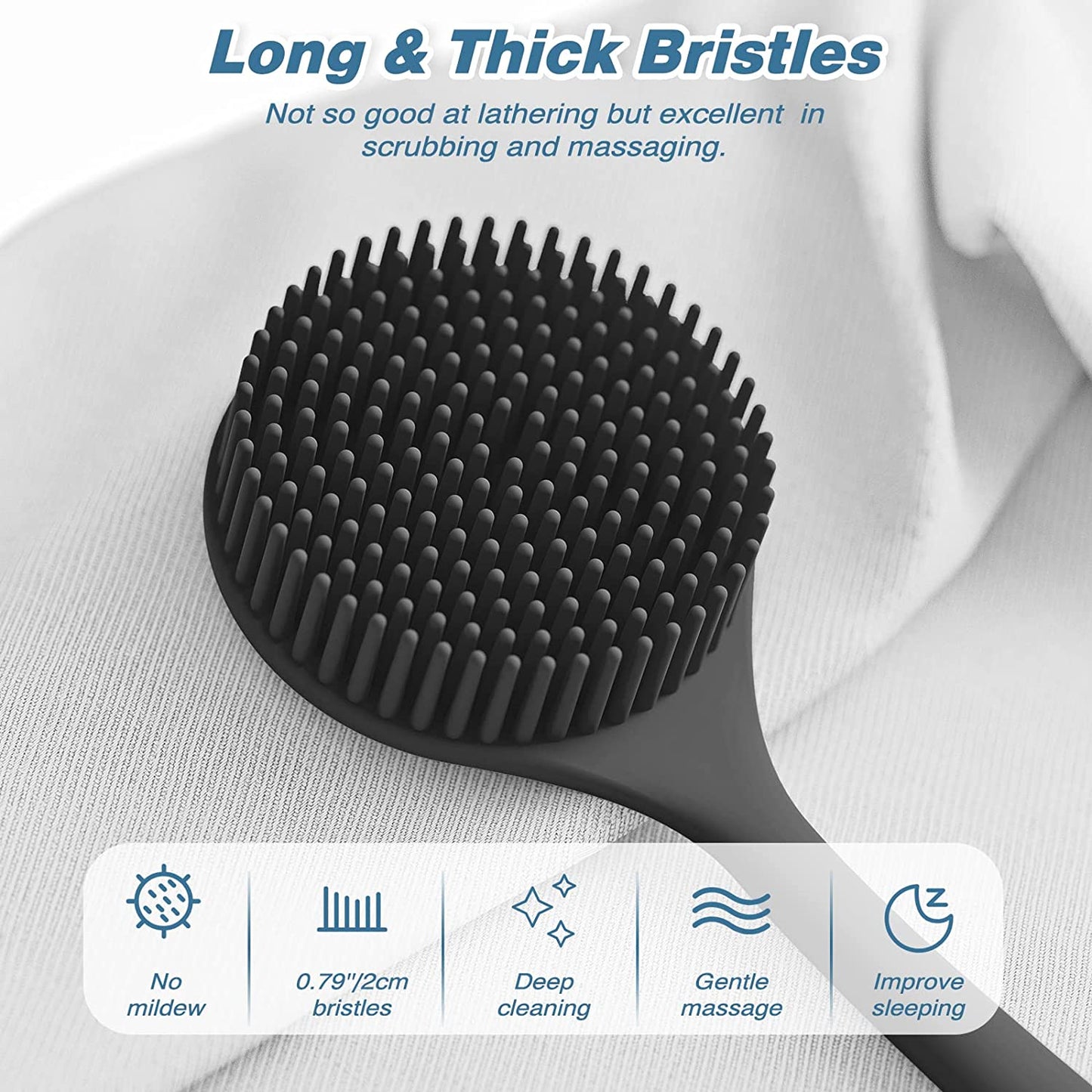 Silicone Back Scrubber and Soft Bath Glove Set - Exfoliating Body Scrubber and Lathering Shower Brush Combo with Complimentary Hook (Black)