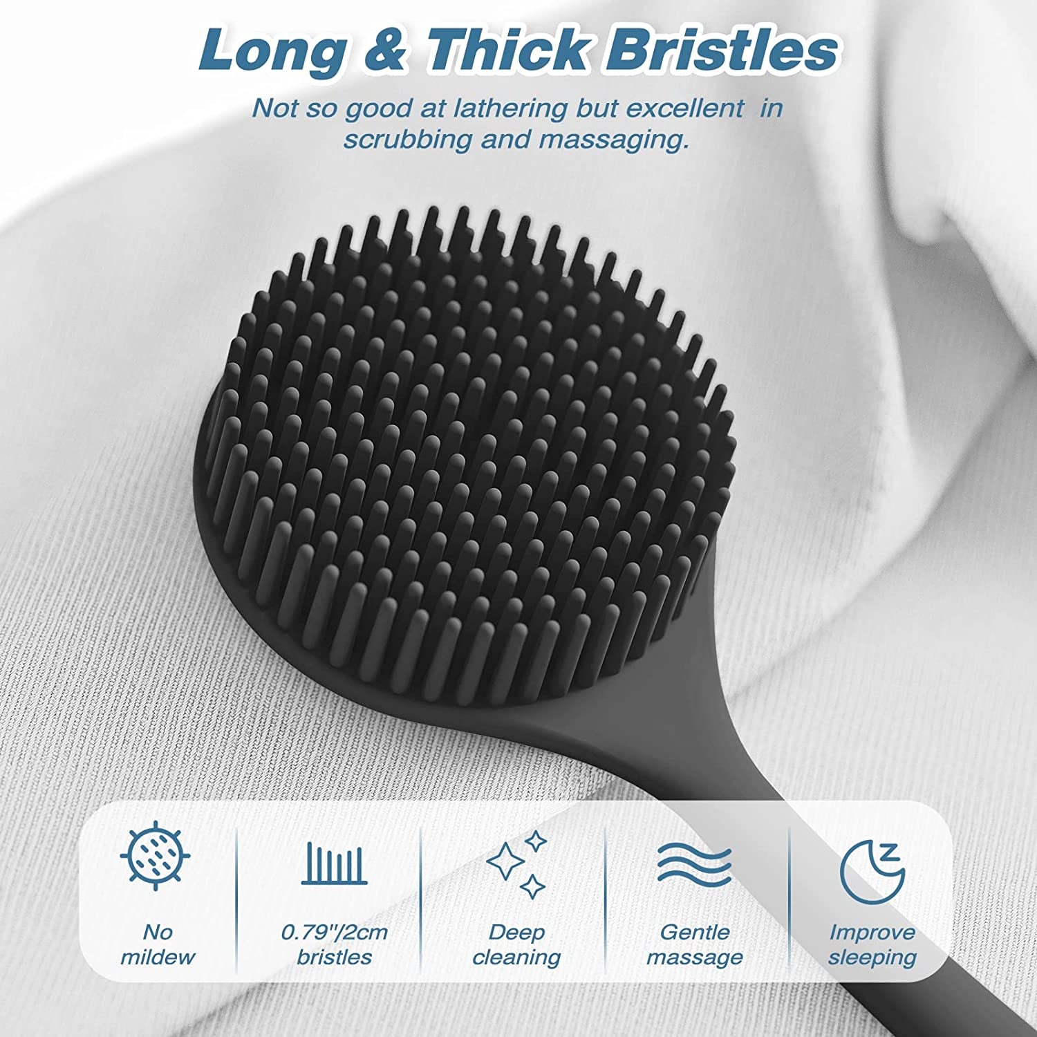 Silicone Back Scrubber and Soft Bath Glove Set - Exfoliating Body Scrubber and Lathering Shower Brush Combo with Complimentary Hook (Black)