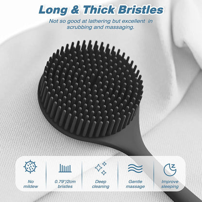 Silicone Back Scrubber and Soft Bath Glove Set - Exfoliating Body Scrubber and Lathering Shower Brush Combo with Complimentary Hook (Black)